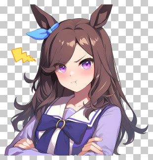 Umamusume Pretty Derby - Pouting Horse-girl Head With Blue Ribbon PNG