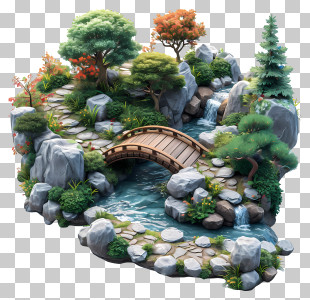Nature Park - Miniature Japanese Rock Garden With A Wooden Bridge PNG