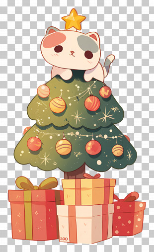 Christmas Cat - Kitten Sitting On Christmas Tree With Gifts PNG
