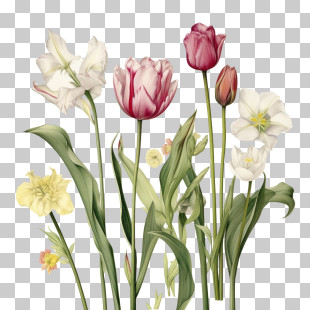 Tulips - Illustration Of Colorful Tulips And Flowers PNG