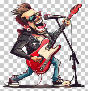 Rock N Roll - Cartoon Rock Musician With Guitar And Mic PNG