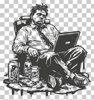 Exhausted Man Slumped At Laptop PNG