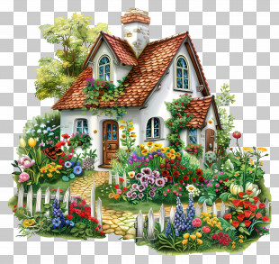 Cottage Garden - Charming Cottage With Colorful Flower Garden PNG