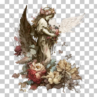 Angel And Candle - Angel Statue With Flowers PNG