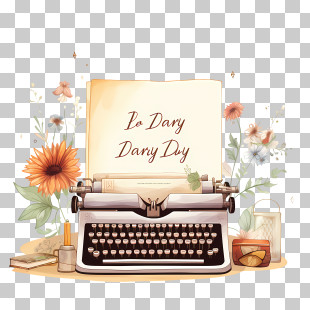 Dear Diary Day - Vintage Typewriter With Flowers And Paper PNG