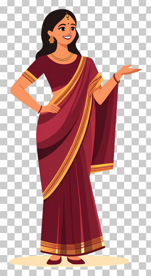 Indian Saree - Woman In A Maroon Saree Illustration PNG