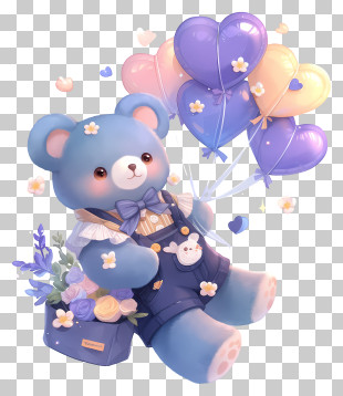 Adorable Nursery Art - Blue Teddy Bear Holding Heart Balloons PNG