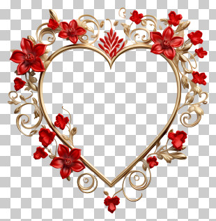 Golden Frame - Romantic Heart Frame With Red Floral Accents PNG