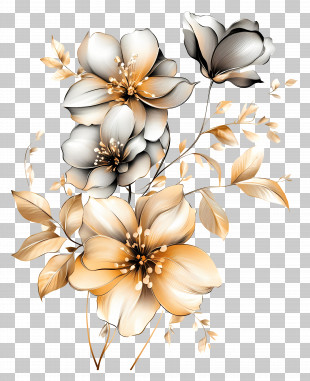 Flower Gold - Stylized Floral Arrangement With Gold And Gray Flowers PNG