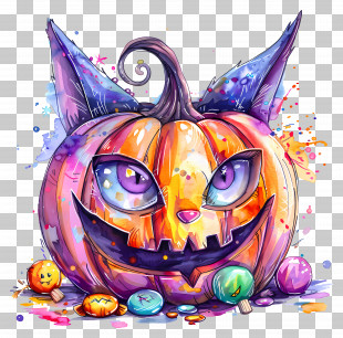 Spooky Pumpkin - Halloween Pumpkin With Cat Face And Candy PNG