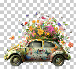 Spring Car - Vintage Car Decorated With Flowers And Butterflies PNG