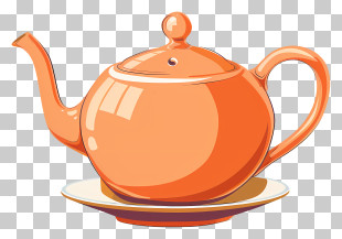 Teapot - Bright Orange Teapot With Saucer Illustration PNG