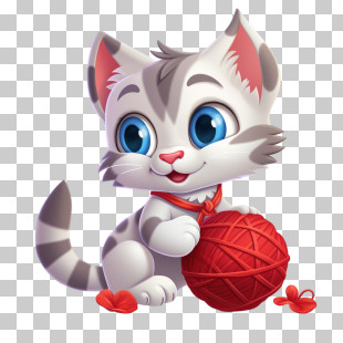 Cat Playing Yarn Ball - Playful Kitten With Red Yarn Ball Cartoon PNG