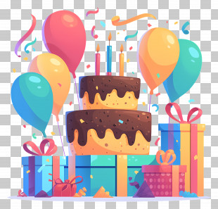 Birthday Cake - Birthday Cake With Balloons And Gifts PNG