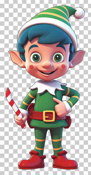 Cartoon Character - Cheerful Christmas Elf With Candy Cane PNG