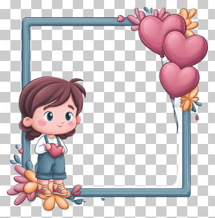 Cartoon Kid Frame - Child With Heart Balloons Frame PNG
