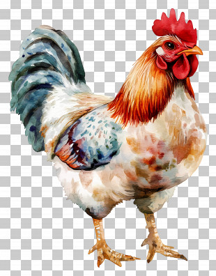 Watercolor Chicken - Colorful Rooster With Red Comb PNG