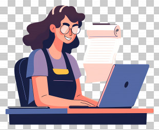 Female Writer Typing - Woman At Laptop With Glasses And Desk PNG
