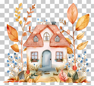 Autumn House - Small Watercolor Cottage With Autumn Leaves PNG