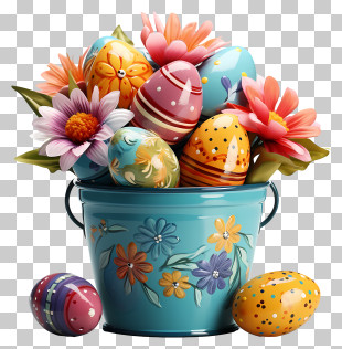Easter Eggs - Easter Eggs And Flowers In A Painted Bucket PNG