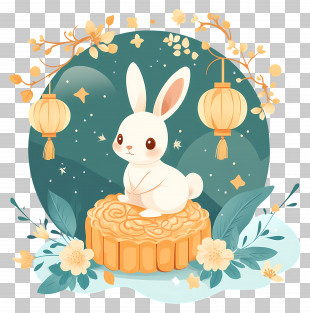 Mid Autumn Festival - Moon Rabbit With Lanterns And Cake PNG