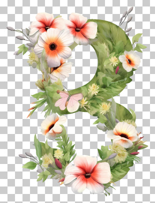 Hand Drawn Number 8 With Flowers - Floral Letter B With Spring Elements PNG