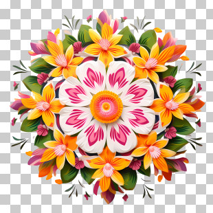 Onam Floral Rangoli - Floral Mandala Design In Vibrant Colors PNG