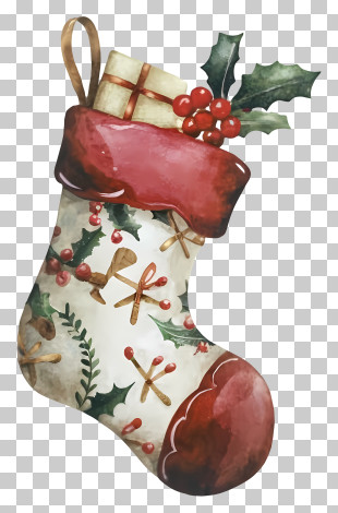 Christmas Stocking - Watercolor Christmas Stocking With Gift PNG