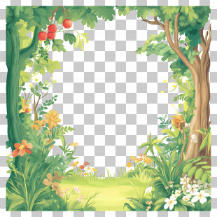 Cartoon Frame - Lush Garden Frame With Flowers And Trees PNG