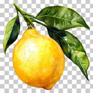 Watercolor Lemon - Single Lemon With Leaves PNG