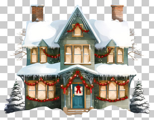 Blue Painted House - Snow-Covered House With Christmas Decorations PNG