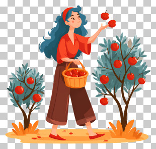 Woman Harvesting Fruit - Playful Apple-Picking Woman Illustration PNG
