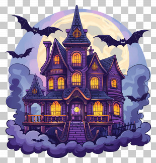 Spooky House - Haunted House With Bats For Halloween PNG