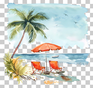 Summer Vacation - Tropical Beach Scene With Palm And Chairs PNG