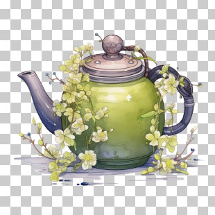 Teapot - Green Teapot Adorned With Flowers PNG