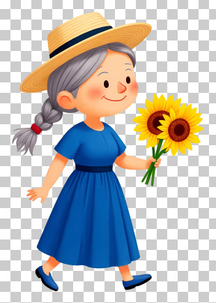 Cute Grandmother Walking - Woman Carrying Sunflowers PNG