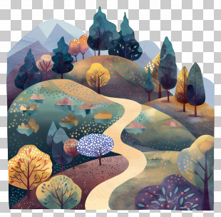 Hillside Trails - Watercolor Autumn Landscape With Path And Trees PNG