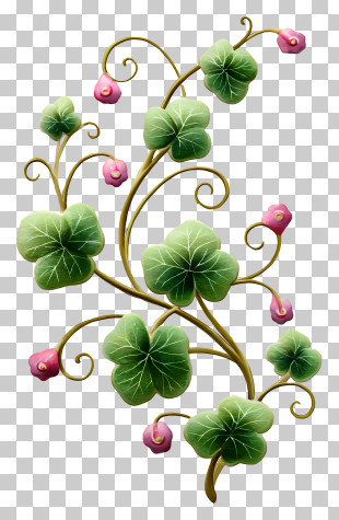 Clover Swirl - Green Leaf Vine With Pink Flowers PNG