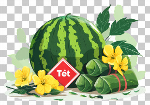 Vietnamese New Year - Watermelon And Tet Cake With Yellow Flowers PNG