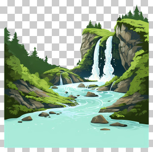 Flat Waterfall - Beautiful Illustration Of A Forest Waterfall PNG