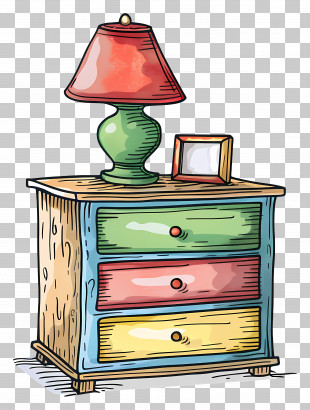 Wooden Chest - Colorful Handcrafted Bedside Table With Lamp PNG