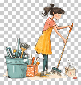 Spring Cleaning - Girl Sweeping With Cleaning Tools PNG