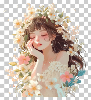 Lush And Detailed - Dreamy Girl With Floral Crown PNG