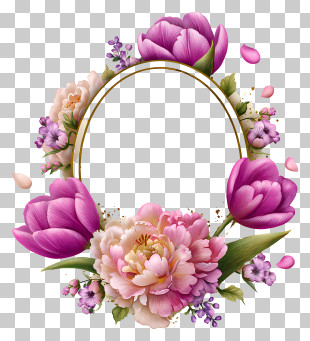Pink Floral Golden Wreath Frame PNG