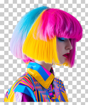 Wig - Hairstyle With Vibrant Pink, Yellow, And Blue Colors PNG