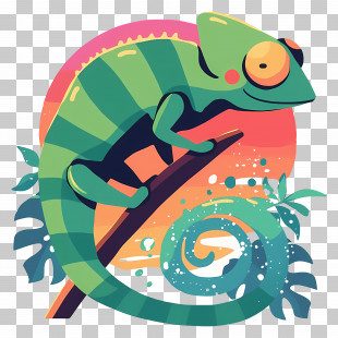 Chameleon Surfing On Waves - Colorful Chameleon On A Branch PNG