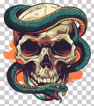 Skull With Snake - Skull With Coiled Snake Illustration PNG