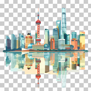 Shanghai Skyline - Shanghai City Skyline Reflection Illustration PNG