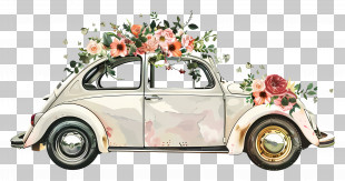 Wedding Car - Classic Car With Floral Pattern And Decorative Design PNG