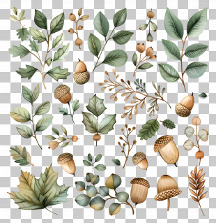 Dried Flowers - Acorns And Foliage Illustration PNG
